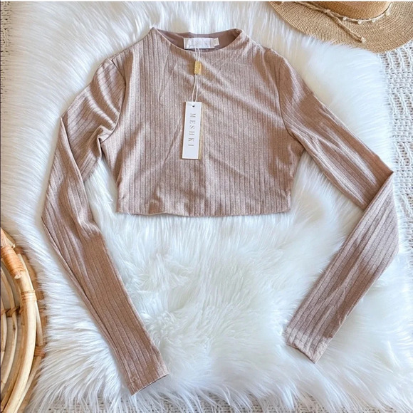 Meshki ILIANA Shimmer Rib Ribbed Long Sleeve Crop Top Nude Silver High Neck XS - Picture 2 of 11